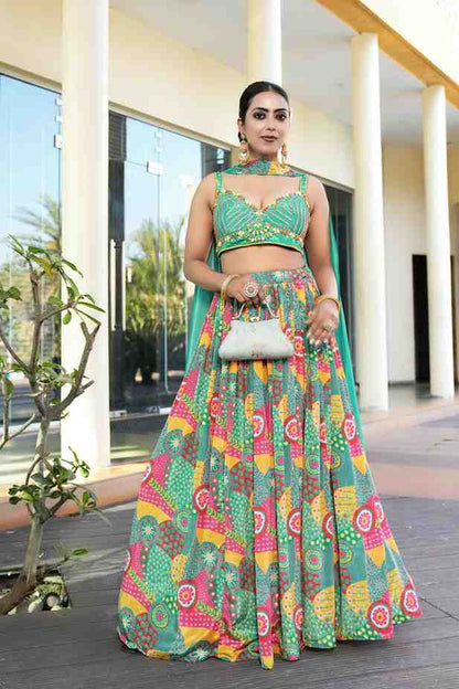 Green color Hand Embroidery machine work Designer Lehenga Choli for Wedding Function BL1568