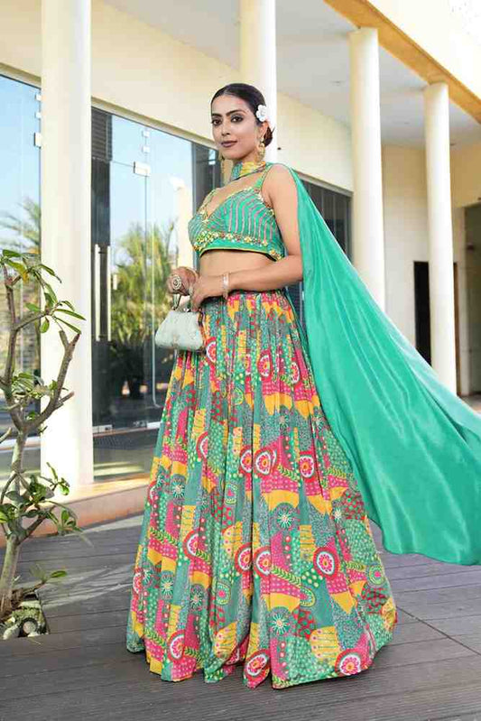 Green color Hand Embroidery machine work Designer Lehenga Choli for Wedding Function BL1568