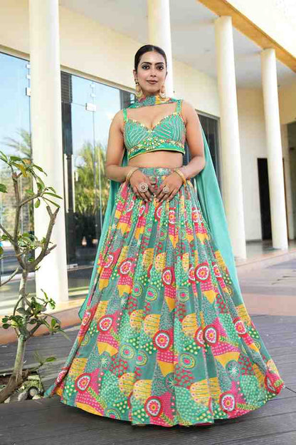 Green color Hand Embroidery machine work Designer Lehenga Choli for Wedding Function BL1568