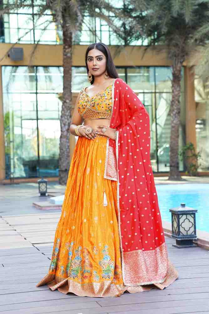 Dark Yellow color Zari Thread Embroidery work Designer Lehenga Choli for Any Function BL1462