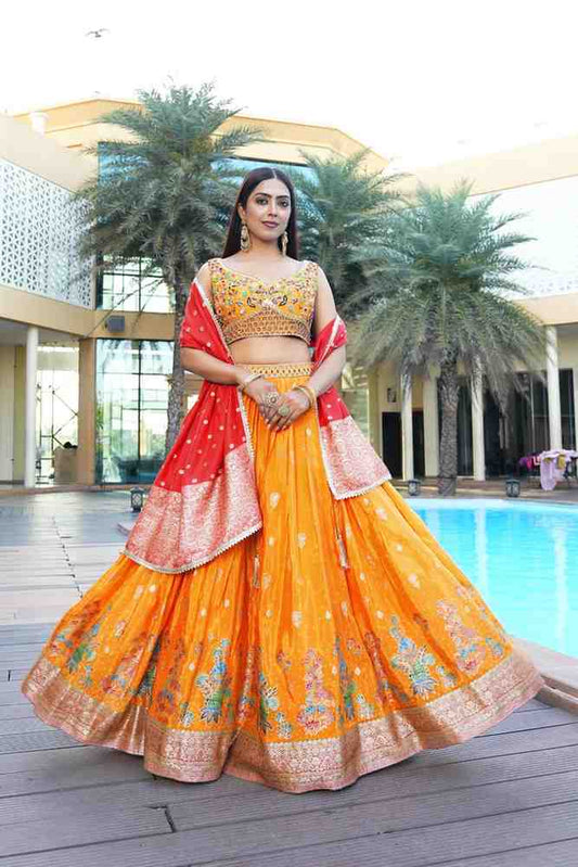 Dark Yellow color Zari Thread Embroidery work Designer Lehenga Choli for Any Function BL1462