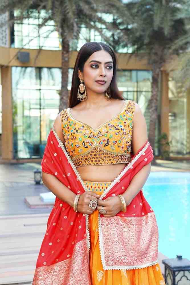 Dark Yellow color Zari Thread Embroidery work Designer Lehenga Choli for Any Function BL1462