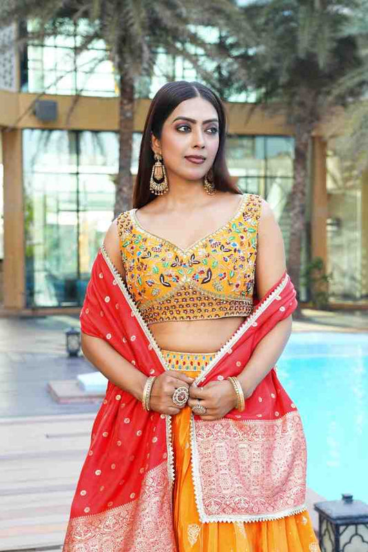 Dark Yellow color Zari Thread Embroidery work Designer Lehenga Choli for Any Function BL1462