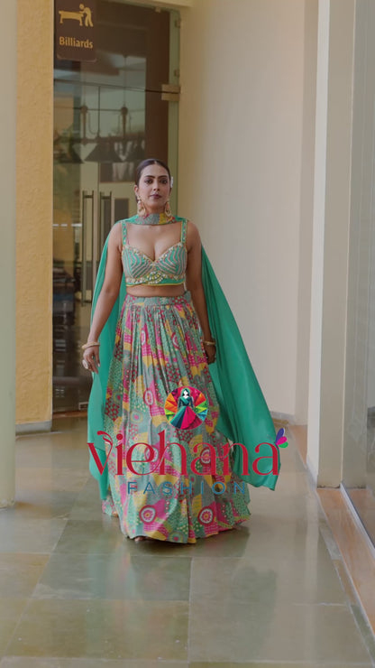Green color Hand Embroidery machine work Designer Lehenga Choli for Wedding Function BL1568